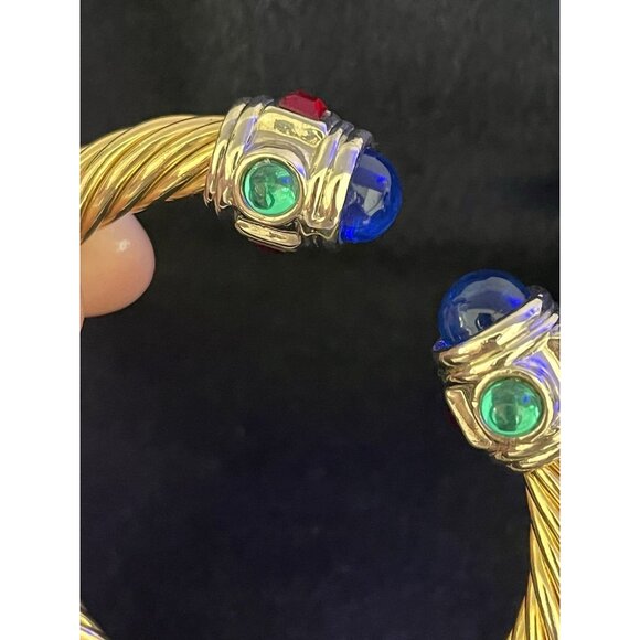 Vtg 90s Mogul Bracelet Gripoix Glass Cabochons Gold Tone Twisted Cable Adjustabl - Picture 13 of 16